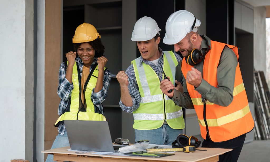team man engineers success cheerful and protective helmet construction site industrial project in working site
